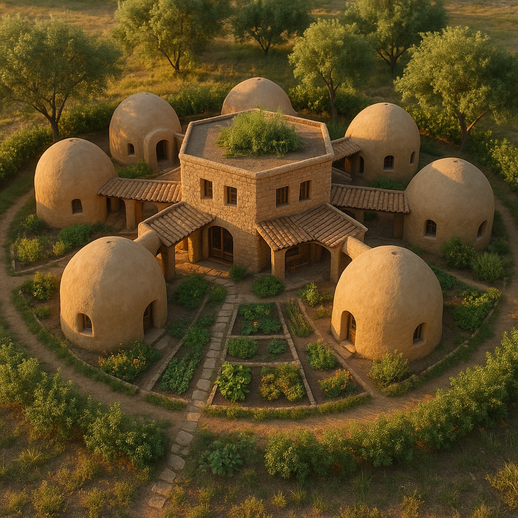 Compound Home — six adobe domes around a central core